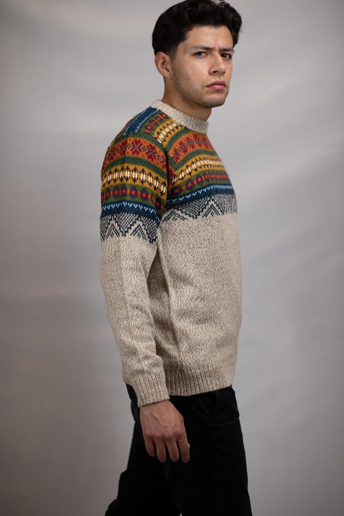 Pullover Sweater Chalan Beige 100% Peruvian alpaca Handmade Men's