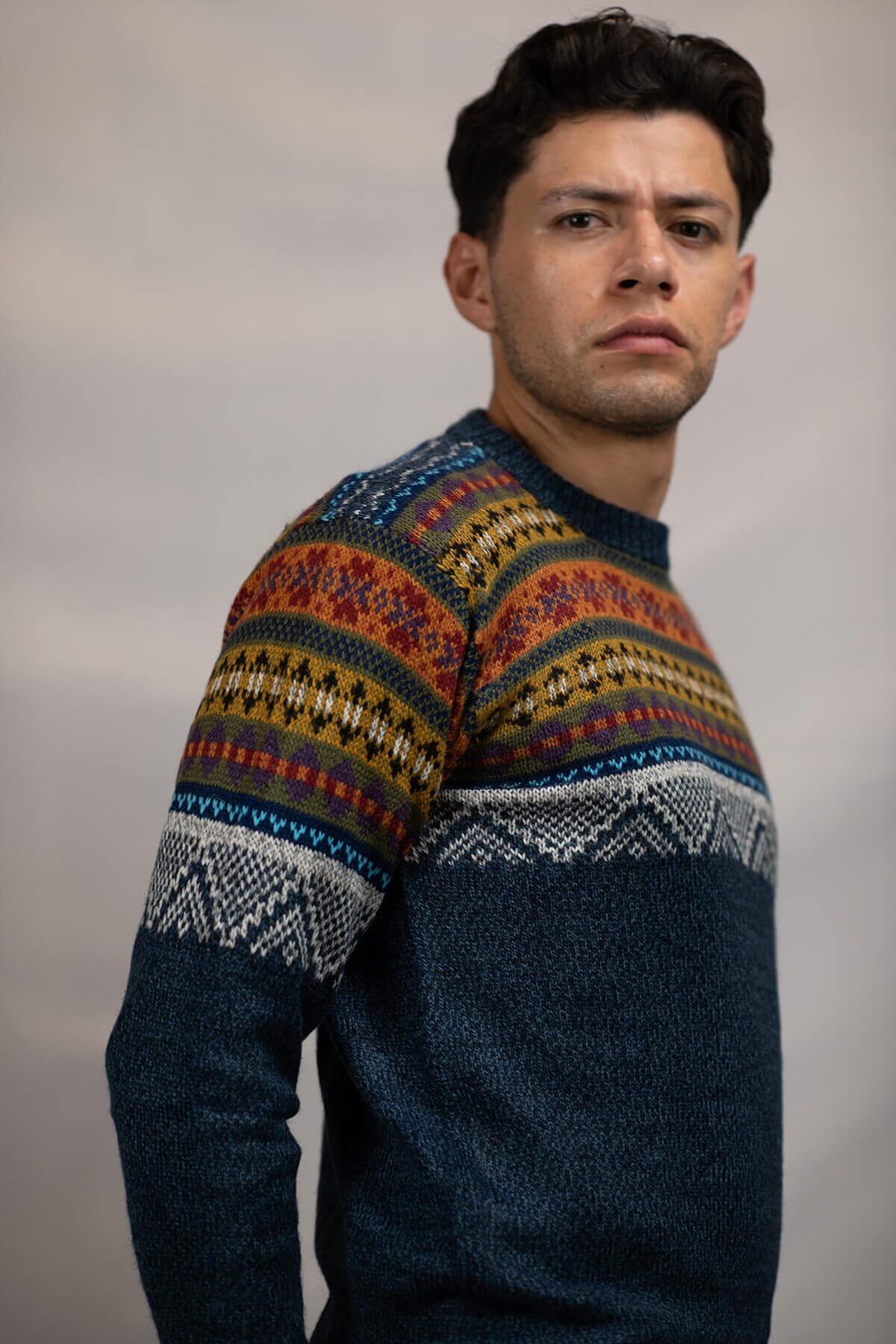 Pullover Sweater Chalan Blue 100% Peruvian alpaca Handmade Men's
