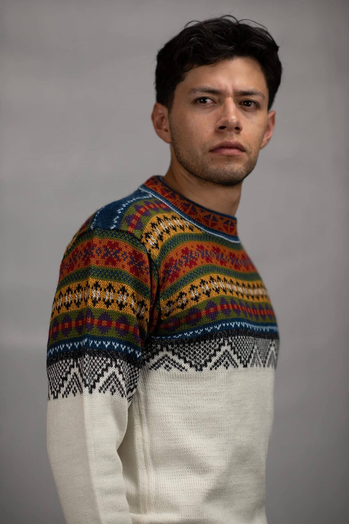 Pullover Sweater Franco White 100% Peruvian alpaca Handmade Men's