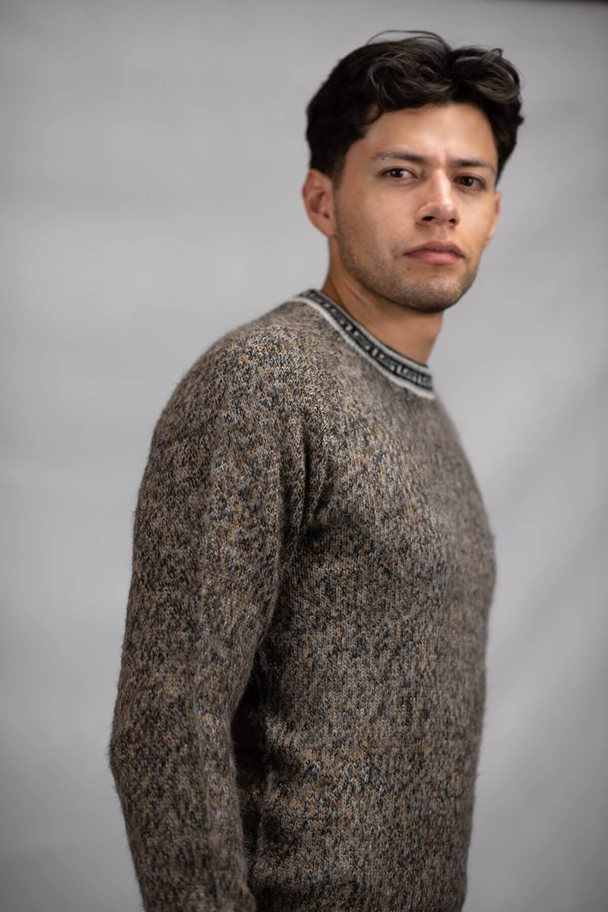 Pullover Sweater Greca Brown 100% Peruvian alpaca Handmade Men's