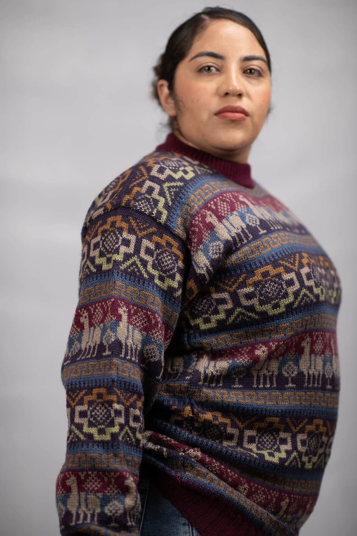 Pullover Sweater Incaica Burgundy 100% Peruvian alpaca Handmade Women's