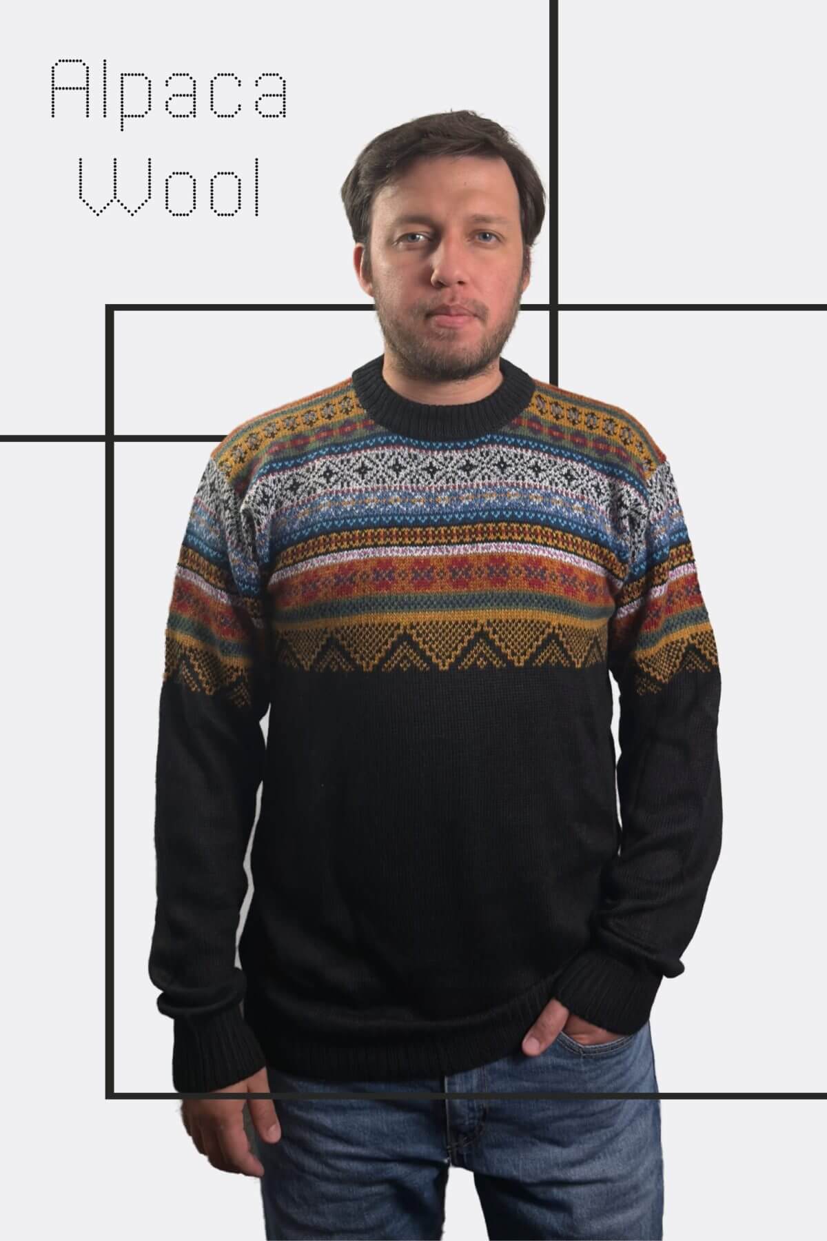 Pullover Sweater Chalan Black 100% Peruvian alpaca Handmade Men's
